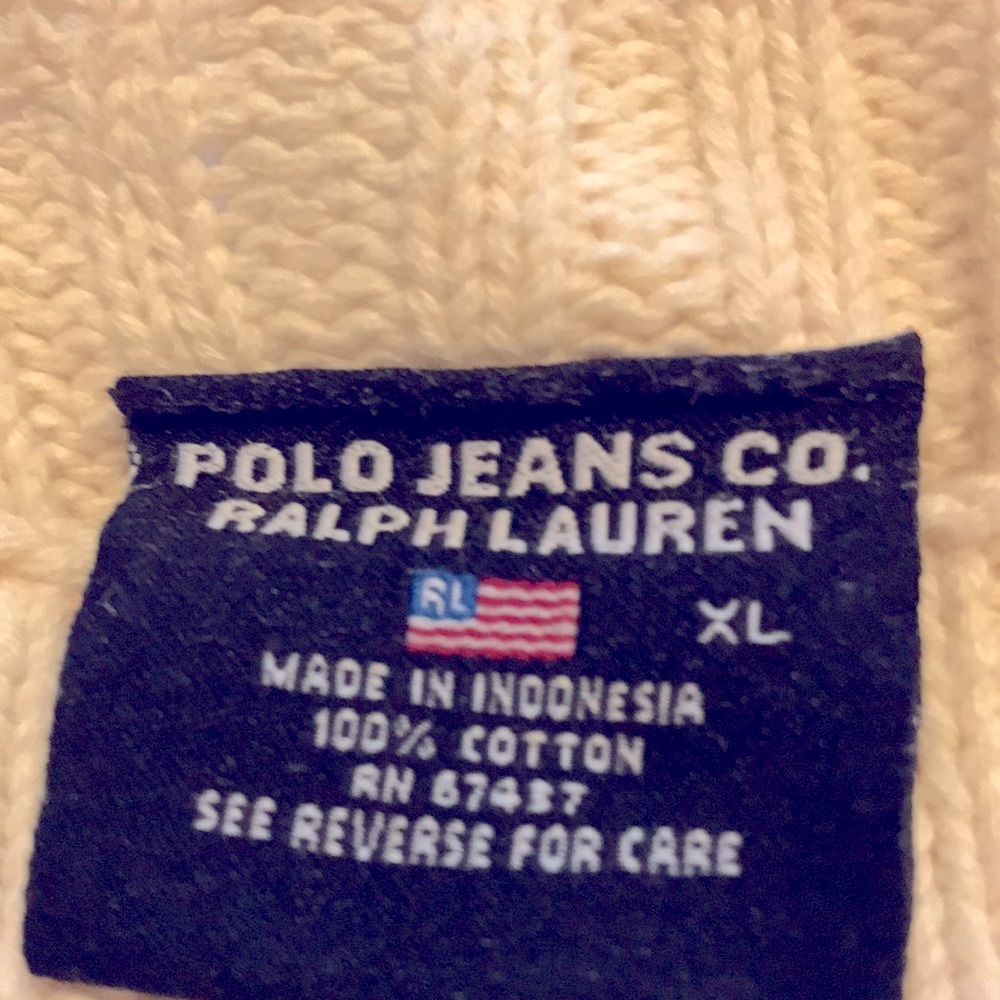 RALPH LAUREN. Polo Jeans Co. /  100 % Cotton Sweater Tan, w/ Red and Blue - Picture 6 of 6